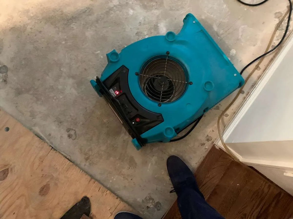 Air mover drying subfloor during Commercial Water Damage Restoration in Spring Valley